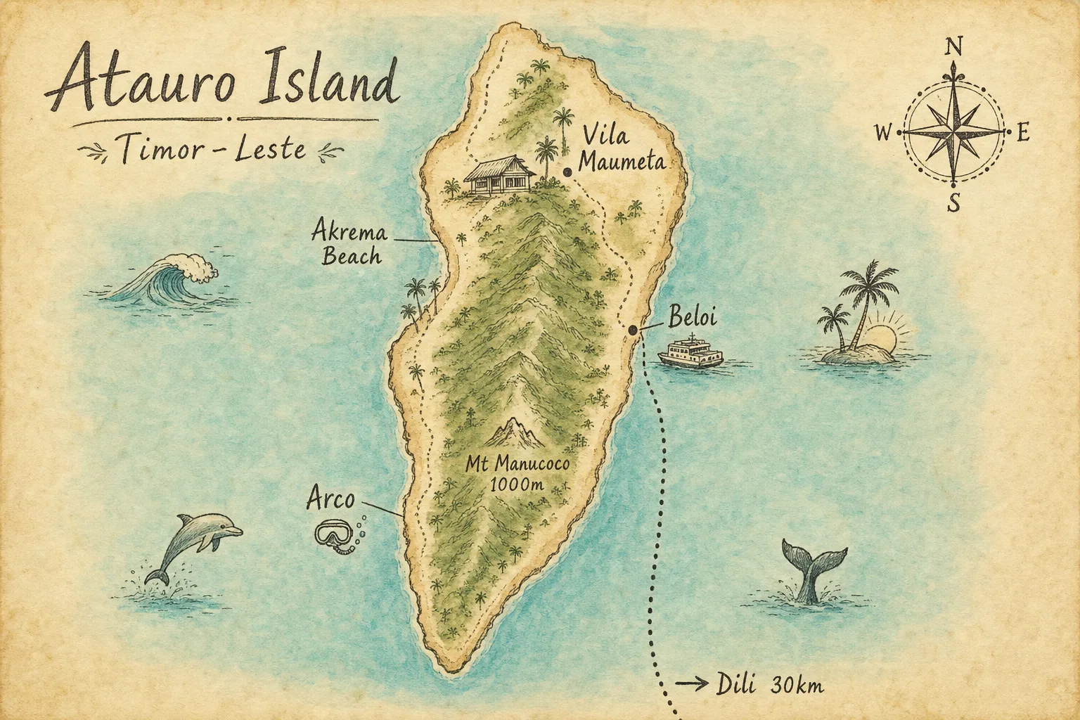 Hand-drawn travel-guide-style map of Atauro Island showing Vila Maumeta, Akrema Beach, Beloi, Mt Manucoco, and the ferry route to Dili