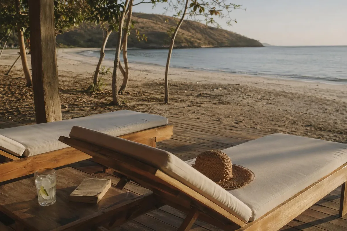 Timber lounging deck with sun loungers facing the sea
