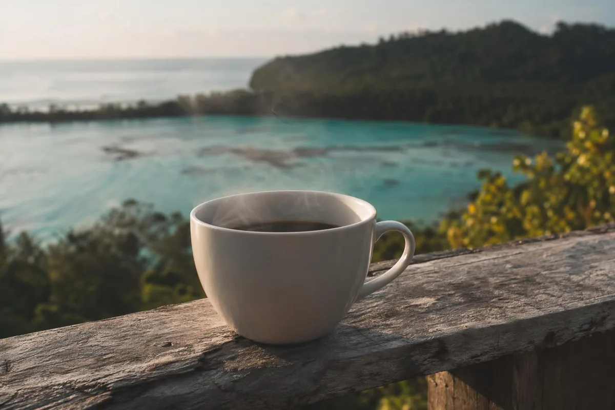 Cup of black coffee on a deck railing overlooking the lagoon